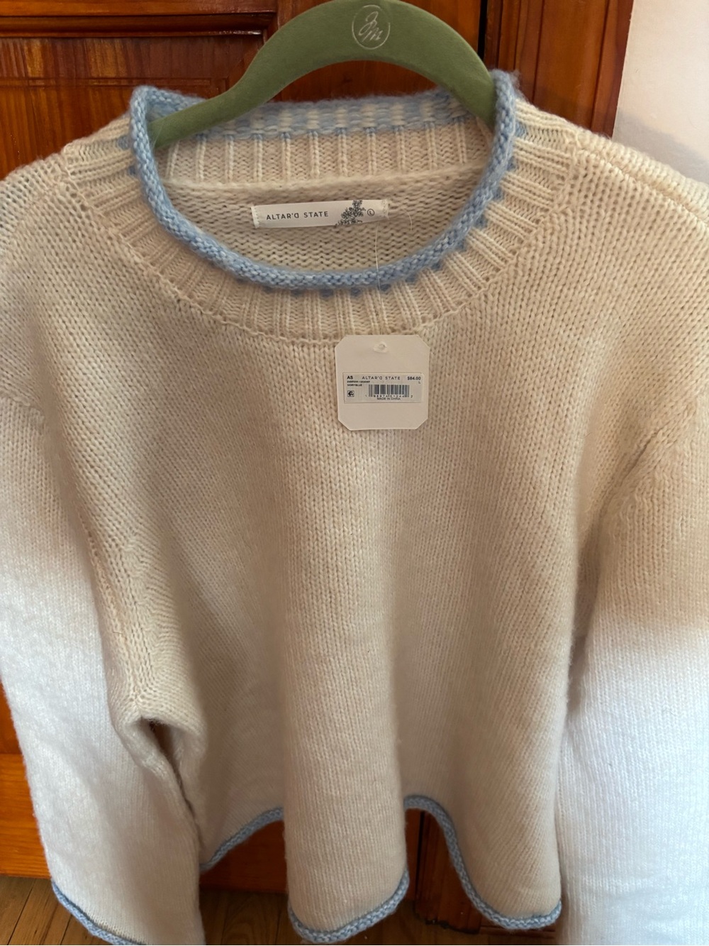 Altar'd State Cream Sweater with Light Blue Trim - Women's Crewneck